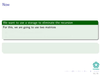 Now
We want to use a storage to eliminate the recursion
For this, we are going to use two matrices
1 D(k−1) the previous matrix.
2 D(k) the new matrix based in the previous matrix
Something Notable
With D(0) = W or all weights in the edges that exist.
52 / 79
 