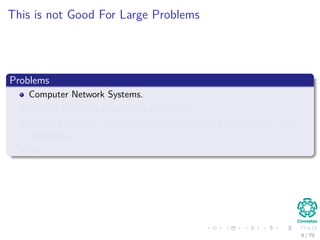 This is not Good For Large Problems
Problems
Computer Network Systems.
Aircraft Networks (e.g. ﬂying time, fares).
Railroad network tables of distances between all pairs of cites for a
road atlas.
Etc.
6 / 79
 