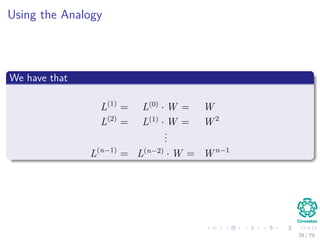 Using the Analogy
We have that
L(1)
= L(0)
· W = W
L(2)
= L(1)
· W = W 2
...
L(n−1)
= L(n−2)
· W = W n−1
29 / 79
 