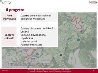 55
Banda larga ed ultra larga, servizi Ict, opportunità per le imprese
La Camera di commercio di Forlì - Cesena per l’innovazione digitale
21-03-2014
Il progetto
Area
individuata
Quattro aree industriali nel
comune di Modigliana
Soggetti
coinvolti
Camera di commercio di Forlì -
Cesena
Comune di Modigliana
Lepida SpA
Uniontrasporti
Aziende interessate
 
