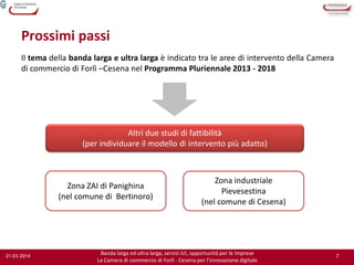 77
Banda larga ed ultra larga, servizi Ict, opportunità per le imprese
La Camera di commercio di Forlì - Cesena per l’innovazione digitale
21-03-2014
Prossimi passi
Il tema della banda larga e ultra larga è indicato tra le aree di intervento della Camera
di commercio di Forlì –Cesena nel Programma Pluriennale 2013 - 2018
Altri due studi di fattibilità
(per individuare il modello di intervento più adatto)
Zona ZAI di Panighina
(nel comune di Bertinoro)
Zona industriale
Pievesestina
(nel comune di Cesena)
 