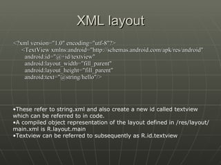 XML layout <?xml version="1.0" encoding="utf-8"?> <TextView xmlns:android="http://schemas.android.com/apk/res/android"   android:id="@+id/textview"   android:layout_width="fill_parent"   android:layout_height="fill_parent"   android:text="@string/hello"/>  These refer to string.xml and also create a new id called textview which can be referred to in code.  A compiled object representation of the layout defined in /res/layout/main.xml is R.layout.main Textview can be referred to subsequently as R.id.textview 