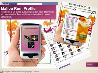 Malibu Rum Profiler Répondre à un quizz autour du produit pour déterminer sa personnalité. Permet de récupérer des données utilisateurs. Malibu 