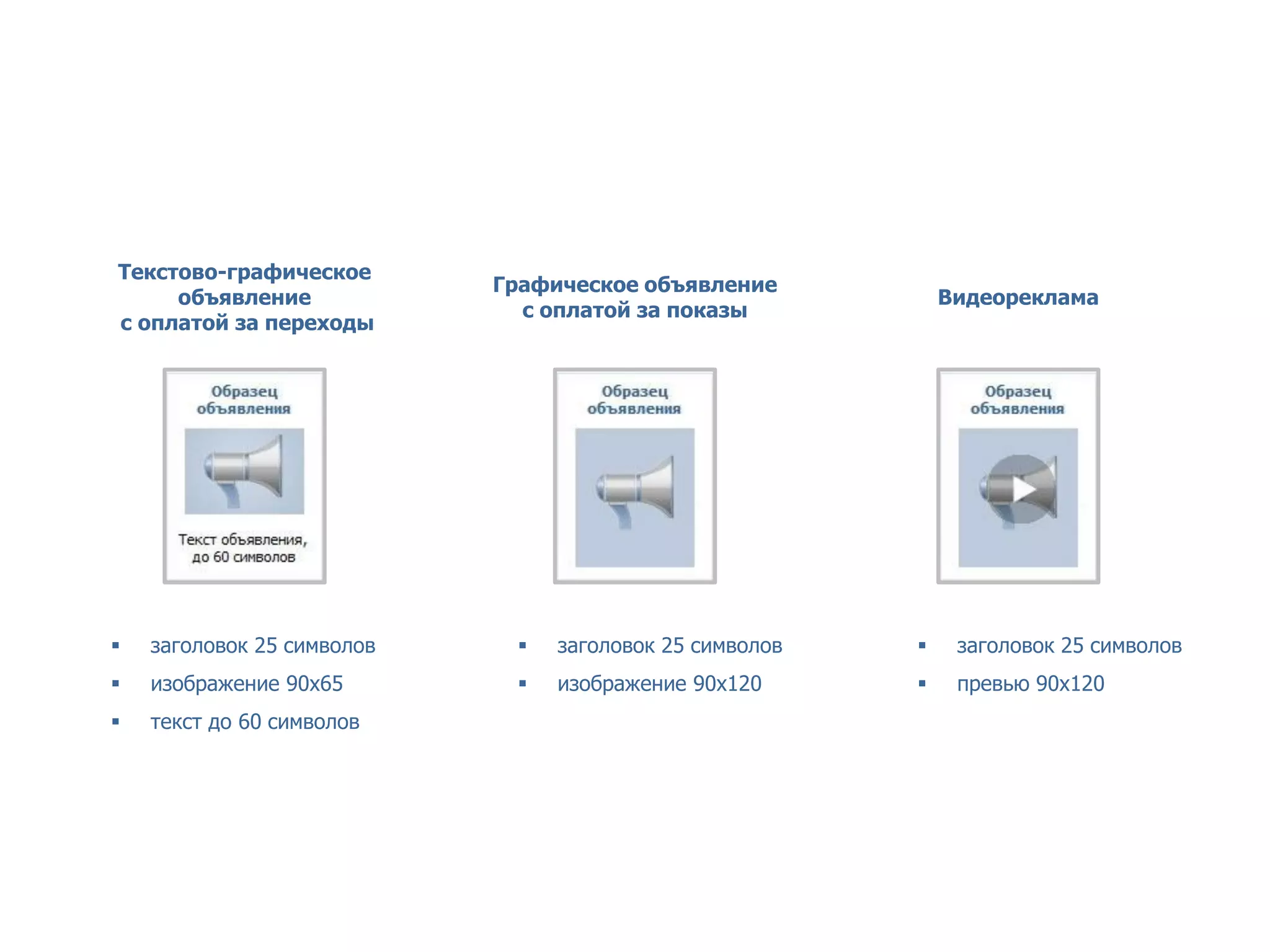 Таргетированные объявления. Форматы размещения




Текстово-графическое
                            Графическое объявление
     объявление                                              Видеореклама
                              с оплатой за показы
с оплатой за переходы




   заголовок 25 символов       заголовок 25 символов       заголовок 25 символов
   изображение 90х65           изображение 90х120          превью 90х120
   текст до 60 символов
 
