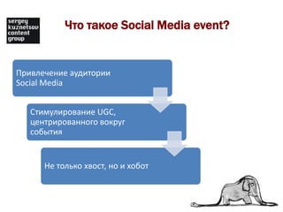 Что такое Social Media event?


Привлечение аудитории
Social Media


   Стимулирование UGC,
   центрированного вокруг
   события


      Не только хвост, но и хобот
 