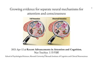 2021 Apr 12 @ Recent Advancements in Attention and Cognition,
Nao Tsuchiya 土谷尚嗣
School of Psychological Sciences, Monash University/Monash Institute of Cognitive and Clinical Neuroscience
Growing evidence for separate neural mechanisms for
attention and consciousness
1
 