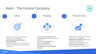 Source: Lorem ipsum dolor sit amet, consectetur adipiscing elit. Duis non erat sem
Proprietary + Confidential
Цель Подход Результаты
• Привлекать более качественный
трафик, чтобы повысить
рентабельность инвестиций в
рекламу (ROAS)
• Сэкономить время на тестирование
наиболее эффективных методов для
кампаний
• Проведение Эксперимента со
ставками для новых посадочных
страниц
• Ведение Эксперимента на
тексты объявлений
• Запуск дополнительного
Эксперимента по категориям
товаров
• В результате The Honest Company
получили рост возврата
инвестиций в рекламу на 47% при
переходе на страницы с
уникальными предложениями
• На 50% меньше времени
потребовалось на тестирование
1 2 3
Кейс - The Honest Company
 