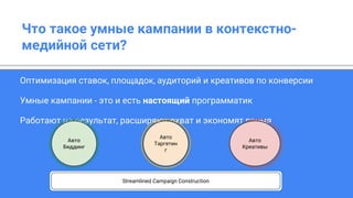Confidential & Proprietary
Google Confidential + Proprietary
Что такое умные кампании в контекстно-
медийной сети?
Оптимизация ставок, площадок, аудиторий и креативов по конверсии
Умные кампании - это и есть настоящий программатик
Работают на результат, расширяют охват и экономят время
Авто
Креативы
Авто
Таргетин
г
Авто
Биддинг
Streamlined Campaign Construction
 