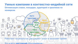 Confidential & Proprietary
Умные кампании в контекстно-медийной сети
Оптимизация ставок, площадок, аудиторий и креативов по
конверсии
- Работают на результат, расширяют охват и экономят время
 