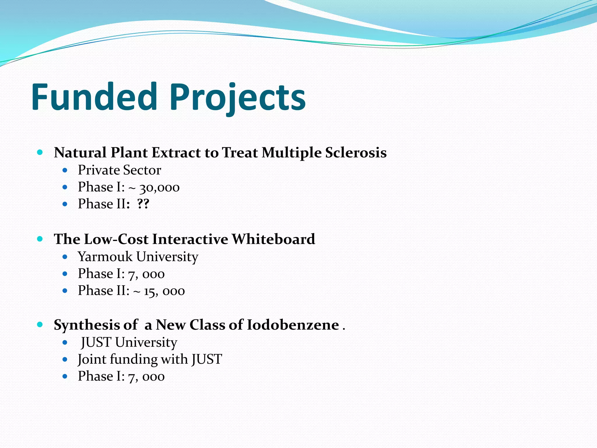Funded Projects
 Natural Plant Extract to Treat Multiple Sclerosis
    Private Sector
    Phase I: ~ 30,000
    Phase II: ??

 The Low-Cost Interactive Whiteboard
    Yarmouk University
    Phase I: 7, 000
    Phase II: ~ 15, 000

 Synthesis of a New Class of Iodobenzene .
    JUST University
    Joint funding with JUST
    Phase I: 7, 000
 