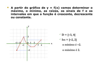  A partir do gráfico de y = f(x) vamos determinar o
máximo, o mínimo, as raízes, os sinais de f e os
intervalos em que a função é crescente, decrescente
ou constante.
x
y
0 1 2
3
–3 –2
–1 4
–2
2
 D = [–3, 4[
 Im = [–2, 2]
o mínimo é –2.
o máximo é 2.
 