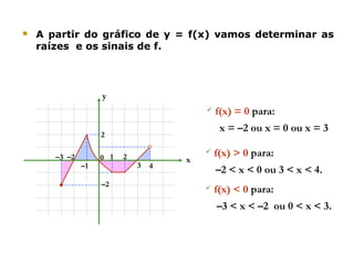  A partir do gráfico de y = f(x) vamos determinar as
raízes e os sinais de f.
x
y
0 1 2
3
–3 –2
–1 4
–2
2
x = –2 ou x = 0 ou x = 3
 f(x) > 0 para:
–2 < x < 0 ou 3 < x < 4.
 f(x) < 0 para:
–3 < x < –2 ou 0 < x < 3.
 f(x) = 0 para:
 