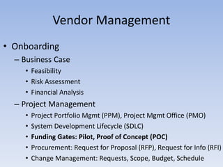 • Onboarding
– Business Case
• Feasibility
• Risk Assessment
• Financial Analysis
– Project Management
• Project Portfolio Mgmt (PPM), Project Mgmt Office (PMO)
• System Development Lifecycle (SDLC)
• Funding Gates: Pilot, Proof of Concept (POC)
• Procurement: Request for Proposal (RFP), Request for Info (RFI)
• Change Management: Requests, Scope, Budget, Schedule
Vendor Management
 