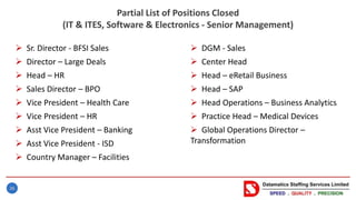 26
Partial List of Positions Closed
(IT & ITES, Software & Electronics - Senior Management)
 Sr. Director - BFSI Sales
 Director – Large Deals
 Head – HR
 Sales Director – BPO
 Vice President – Health Care
 Vice President – HR
 Asst Vice President – Banking
 Asst Vice President - ISD
 Country Manager – Facilities
 DGM - Sales
 Center Head
 Head – eRetail Business
 Head – SAP
 Head Operations – Business Analytics
 Practice Head – Medical Devices
 Global Operations Director –
Transformation
 