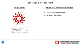 27
Our Clients
 Chief Operating Officer
 Finance Controller
Education & Not-For-Profit
Partial List of Positions Closed
 