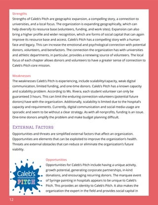 12
Strengths
Strengths of Caleb’s Pitch are geographic expansion, a compelling story, a connection to
universities, and a local focus. The organization is expanding geographically, which can
help diversify its resource base (volunteers, funding, and work sites). Expansion can also
bring a higher proﬁle and wider recognition, which are forms of social capital that can again
improve its resource base and access. Caleb’s Pitch has a compelling story with a human
face and legacy. This can increase the emotional and psychological connection with potential
donors, volunteers, and benefactors. The connection the organization has with universities
and athletic departments, in particular, provides a renewing source of volunteers. The local
focus of each chapter allows donors and volunteers to have a greater sense of connection to
Caleb’s Pitch core mission.
Weaknesses
The weaknesses Caleb’s Pitch is experiencing, include scalability/capacity, weak digital
communication, limited funding, and one-time donors. Caleb’s Pitch has a known capacity
and scalability problem. According to Ms. Rivera, each student volunteer can only be
guaranteed 3 hours. This can limit the enduring connection volunteers (potential future
donors) have with the organization. Additionally, scalability is limited due to the hospital’s
capacity and requirements. Currently, digital communication and social media usage are
sporadic and seem to be without a clear strategy. As with all nonproﬁts, funding is an issue.
One-time donors amplify the problem and make budget planning diﬃcult.
External Factors
Opportunities and threats are simpliﬁed external factors that aﬀect an organization.
Opportunities are elements that can be exploited to improve the organization’s health.
Threats are external obstacles that can reduce or eliminate the organization’s future
viability.
Opportunities
Opportunities for Caleb’s Pitch include having a unique activity,
growth potential, generating corporate partnerships, in-kind
donations, and encouraging recurring donors. The marquee event
of Syringe painting in hospitals appears to be unique to Caleb’s
Pitch. This provides an identity to Caleb’s Pitch. It also makes the
organization the expert in the ﬁeld and provides social capital in
 