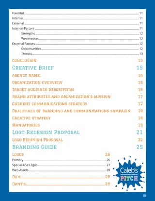 iii
Harmful ..............................................................................................................................................11
Internal...............................................................................................................................................11
External ..............................................................................................................................................11
Internal Factors .................................................................................................................................11
Strengths ................................................................................................................................12
Weaknesses............................................................................................................................12
External Factors ................................................................................................................................12
Opportunities.........................................................................................................................12
Threats....................................................................................................................................13
Conclusion 13
Creative Brief 15
Agency Name: 16
Organization overview 16
Target audience description 16
Brand attributes and organization’s mission 17
Current communications strategy 17
Objectives of branding and communications campaign 18
Creative strategy 18
Mandatories 19
Logo Redesign Proposal 21
Logo Redesign Proposal 22
Branding Guide 25
Logos 26
Primary...................................................................................................... 26
Special-Use Logos .................................................................................... 27
Web Assets ............................................................................................... 28
Do’s...............................................................................................................28
Dont’s........................................................................................................29
 