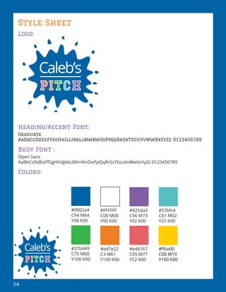 54
Style Sheet
Logo:
Heading/Accent Font:
Graduate
AaBbCcDdEeFfGgHhIiJjKkLlMmNnOoPpQqRrSsTtUuVvWwXxYyZz 0123456789
Body Font :
Open Sans
AaBbCcDdEeFfGgHhIiJjKkLlMmNnOoPpQqRrSsTtUuVvWwXxYyZz 0123456789
Colors:
#0062a4
C94 M64
Y08 K00
#FFFFFF
C00 M00
Y00 K00
#825da3
C56 M73
Y02 K00
#57bfc4
C61 M02
Y25 K00
#37b449
C75 M00
Y100 K00
#ed7e22
C3 M61
Y100 K00
#e46167
C05 M77
Y52 K00
#ﬀce00
C00 M19
Y100 K00
 