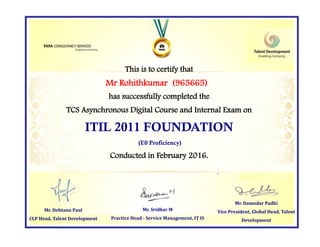 This is to certify that
has successfully completed the
TCS Asynchronous Digital Course and Internal Exam on
ITIL 2011 FOUNDATION
(E0 Proficiency)
Conducted in February 2016.
Mr. Damodar Padhi
Vice President, Global Head, Talent
Development
Mr. Sridhar M
Practice Head - Service Management, IT IS
Mr Rohithkumar (965665)
Mr. Debtanu Paul
CLP Head, Talent Development
 