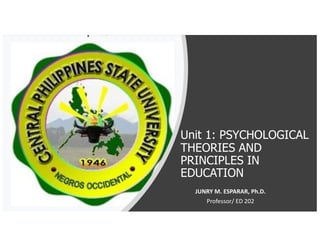 Unit 1: PSYCHOLOGICAL
THEORIES AND
PRINCIPLES IN
EDUCATION
JUNRY M. ESPARAR, Ph.D.
Professor/ ED 202
 