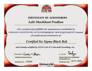 Certified Six Sigma Black Belt
25.01.2009
Lalit Shashikant Pradhan
C0229
 