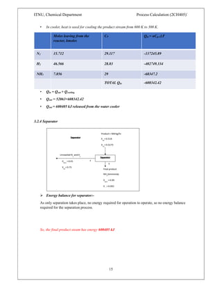 ITNU, Chemical Department Process Calculation (2CH405)`
15
• In cooler, heat is used for cooling the product stream from 600 K to 300 K.
Moles leaving from the
reactor, kmoles
CP Qin = nCp.△T
N2 15.712 29.117 -137245.89
H2 46.566 28.83 -402749.334
NH3 7.856 29 -68347.2
TOTAL Qin -608342.42
• Qin = Qout + Qcooling
• Qout = 52063+608342.42
• Qout = 600405 kJ released from the water cooler
3.2.4 Separator
 Energy balance for separator:-
As only separation takes place, no energy required for operation to operate, so no energy balance
required for the separation process.
So, the final product steam has energy 600405 kJ
 