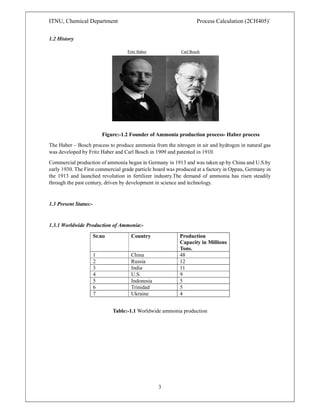 ITNU, Chemical Department Process Calculation (2CH405)`
3
1.2 History
Figure:-1.2 Founder of Ammonia production process- Haber process
The Haber – Bosch process to produce ammonia from the nitrogen in air and hydrogen in natural gas
was developed by Fritz Haber and Carl Bosch in 1909 and patented in 1910.
Commercial production of ammonia began in Germany in 1913 and was taken up by China and U.S.by
early 1930. The First commercial grade particle board was produced at a factory in Oppau, Germany in
the 1913 and launched revolution in fertilizer industry.The demand of ammonia has risen steadily
through the past century, driven by development in science and technology.
1.3 Present Status:-
1.3.1 Worldwide Production of Ammonia:-
Sr.no Country Production
Capacity in Millions
Tons.
1 China 48
2 Russia 12
3 India 11
4 U.S. 9
5 Indonesia 5
6 Trinidad 5
7 Ukraine 4
Table:-1.1 Worldwide ammonia production
 