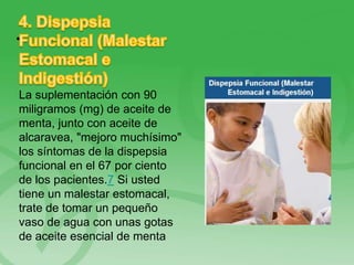 • .
La suplementación con 90
miligramos (mg) de aceite de
menta, junto con aceite de
alcaravea, "mejoro muchísimo"
los síntomas de la dispepsia
funcional en el 67 por ciento
de los pacientes.7 Si usted
tiene un malestar estomacal,
trate de tomar un pequeño
vaso de agua con unas gotas
de aceite esencial de menta
 
