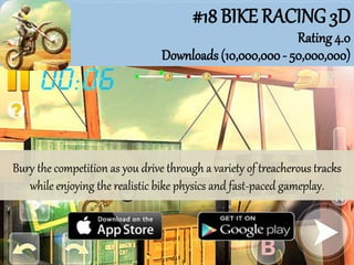 #18 BIKE RACING 3D
Rating 4.0
Downloads (10,000,000- 50,000,000)
Bury the competition as you drive through a variety of treacherous tracks
while enjoying the realistic bike physics and fast-paced gameplay.
 
