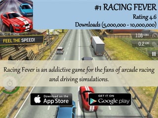 #1 RACING FEVER
Rating 4.6
Downloads (5,000,000 - 10,000,000)
Racing Fever is an addictive game for the fans of arcade racing
and driving simulations.
 