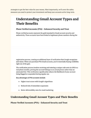 strategies to get the best value for your money. Most importantly, we'll cover the safety
measures you need to protect your investment and keep your accounts active long-term.
Understanding Gmail Account Types and Their Benefits
Phone Verified Accounts (PVA) - Enhanced Security and Trust
 