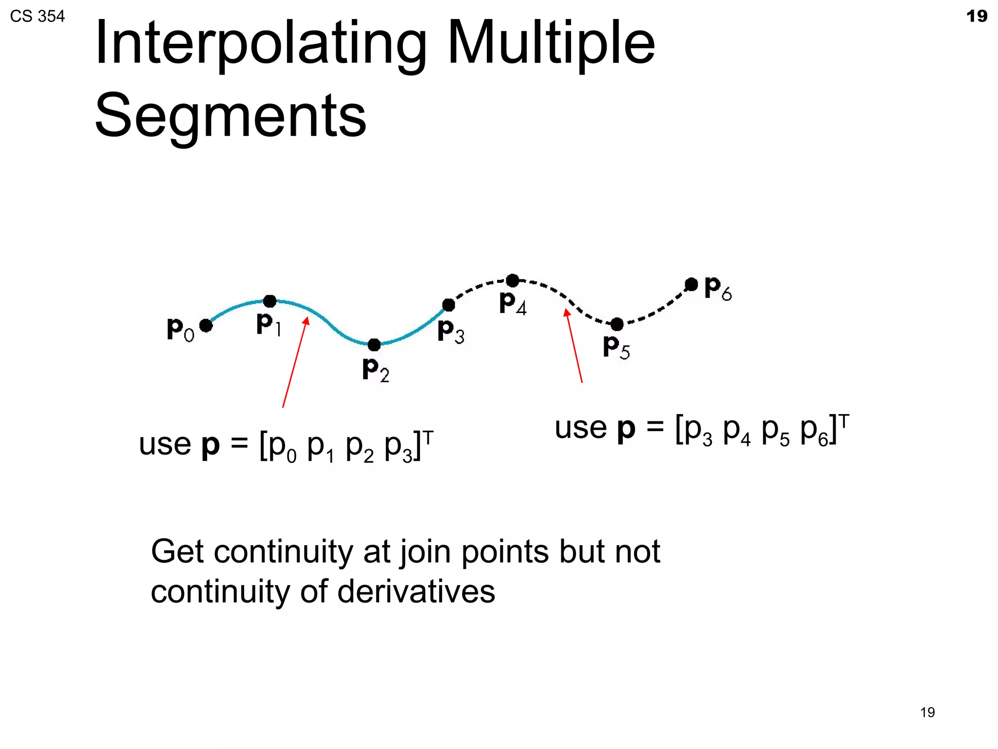 CS 354                                                                19

         Interpolating Multiple
         Segments




          use p = [p0 p1 p2 p3]   T     use p = [p3 p4 p5 p6]T


           Get continuity at join points but not
           continuity of derivatives


                                                                 19
 
