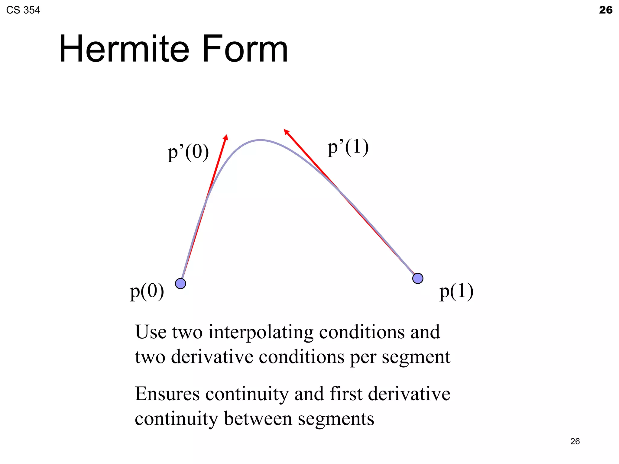 CS 354                                                       26



         Hermite Form

                   p’(0)           p’(1)




            p(0)                                 p(1)

            Use two interpolating conditions and
            two derivative conditions per segment
            Ensures continuity and first derivative
            continuity between segments
                                                        26
 
