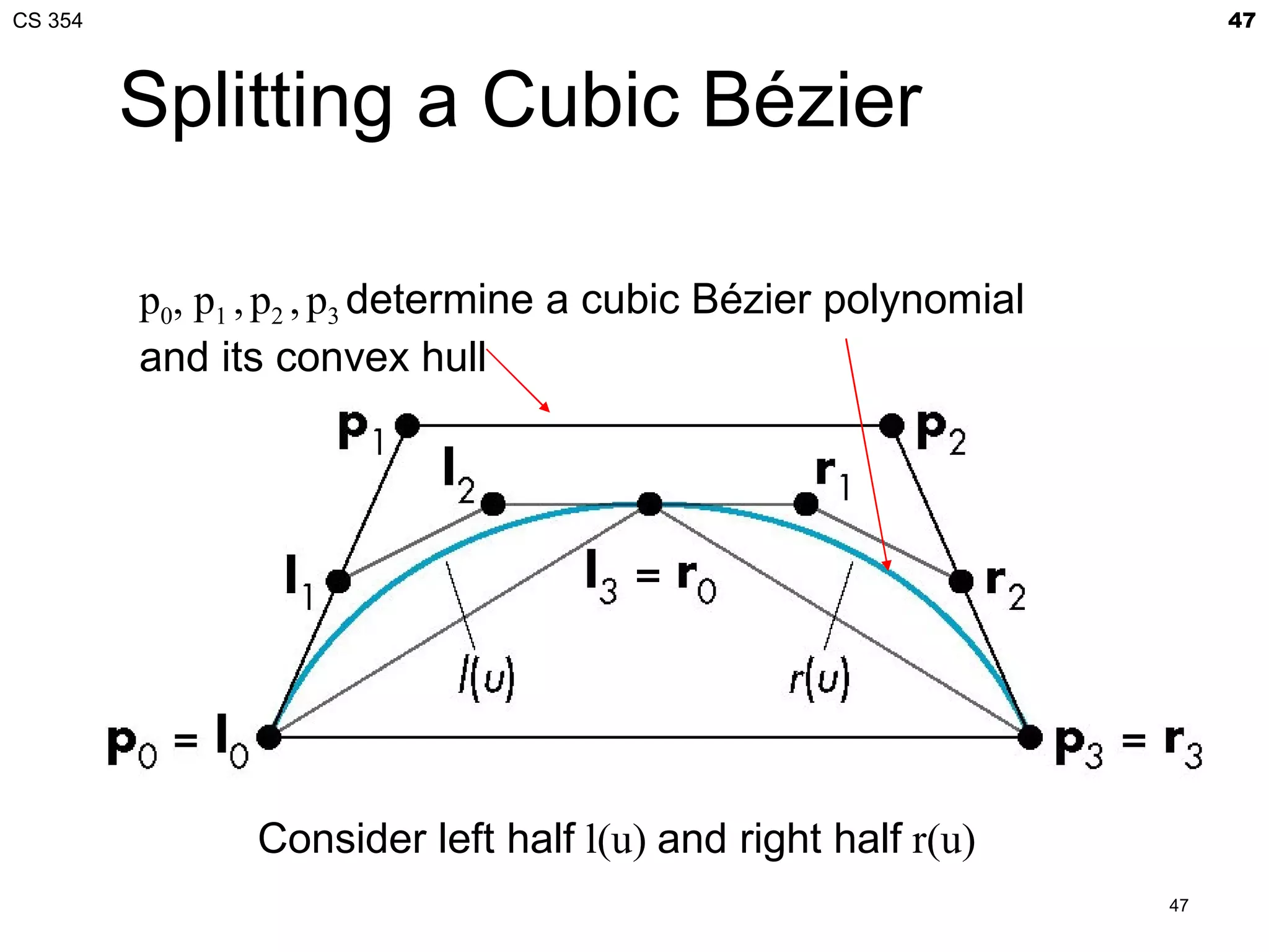 CS 354                                                               47



         Splitting a Cubic Bézier

         p0, p1 , p2 , p3 determine a cubic Bézier polynomial
         and its convex hull




               Consider left half l(u) and right half r(u)
                                                                47
 