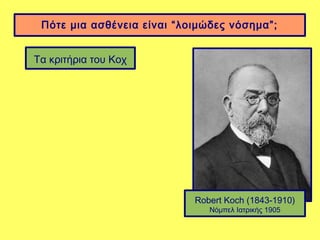 Πότε μια ασθένεια είναι “λοιμώδες νόσημα”;


Τα κριτήρια του Κοχ




                            Robert Koch (1843-1910)
                               Νόμπελ Ιατρικής 1905
 