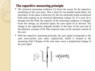 The capacitive measuring principleThe capacitive measuring principle
 The electrical measuring condenser (1) forms the sensor for the capacitive
monitoring of the yarn mass. This is done by two parallel metal plates, the
electrodes. In the space in between (2), the two electrodes build an electrical
field when putting on an electrical alternating voltage (3). If a yarn (4) is
brought into this field, the capacity of the measuring condenser is changed.
From this change, an electrical signal, the yarn signal (5) is derived. The
change in the capacitance depends, besides of the mass of the yarn and of
the dielectric constant of the fiber material used, on the moisture content of
the yarn.
 With the capacitive measuring principle, the yarn signal corresponds to the
yarn cross-section yarn mass, respectively, which is located in the
measuring field. Changes of the yarn mass cause a proportional change of
the yarn signal.
 