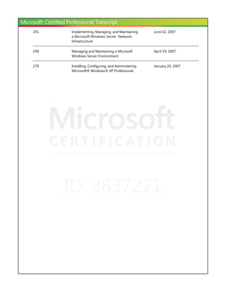 ID: 3837221
291 Implementing, Managing, and Maintaining
a Microsoft Windows Server Network
Infrastructure
June 02, 2007
290 Managing and Maintaining a Microsoft
Windows Server Environment
April 19, 2007
270 Installing, Configuring, and Administering
Microsoft® Windows® XP Professional
January 29, 2007
 