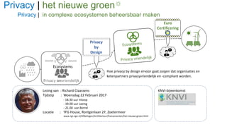 Privacy | het nieuwe groen
Privacy | in complexe ecosystemen beheersbaar maken
Lezing van : Richard Claassens KNVI-bijeenkomst
Tijdstip : Woensdag 22 Februari 2017
- 18.30 uur Inloop
- 19.00 uur Lezing
- 21.00 uur Borrel
Locatie : TFG House, Rontgenlaan 27, Zoetermeer
www.ngi-ngn.nl/Afdelingen/Architectuur/Evenementen/het-nieuwe-groen.html
Privacy onvriendelijk
Ecosystems
Privacy
by
Design
Euro
Certificering
datalekdatalek
Hoe privacy by design ervoor gaat zorgen dat organisaties en
ketenpartners privacyvriendelijk en -compliant worden.
 