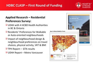 HDBC CLASP – First Round of Funding
Applied Research – Residential
Preferences Survey:
 UD4H with 4 HCBD Health Authorities
in BC & Ontario
 Residents’ Preferences for Walkable
or Auto-oriented neighbourhoods
 Impact of neighbourhood design &
neighbourhood preferences on travel
choices, physical activity, VKT & BMI
 TPH Report – GTA results
 UD4H Report – Metro Vancouver
 