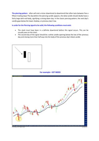 The piercing pattern often will end a minor downtrend (a downtrend that often lasts between five a
fifteen trading days) The day before the piercing candle appears, the daily candle should ideally have a
fairly large dark real body, signifying a strong down day. In the classic piercing pattern, the next day’s
candle gaps below the lower shadow, or previous day’s low.
In order for the Piercing signal to be valid, the following conditions must exist:
• The stock must have been in a definite downtrend before this signal occurs. This can be
visually seen on the chart.
• The second day of the signal should be a white candle opening below the low of the previous
day and closing more than half way into the body of the previous day’s black candle
For example = SET INDEX
 
