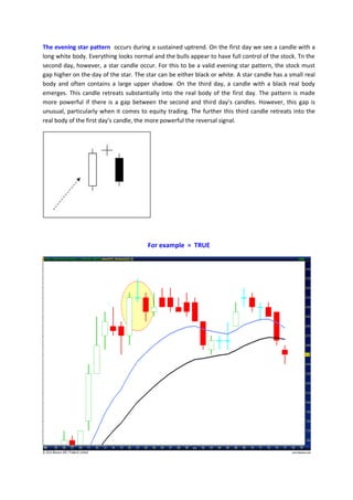 The evening star pattern occurs during a sustained uptrend. On the first day we see a candle with a
long white body. Everything looks normal and the bulls appear to have full control of the stock. Tn the
second day, however, a star candle occur. For this to be a valid evening star pattern, the stock must
gap higher on the day of the star. The star can be either black or white. A star candle has a small real
body and often contains a large upper shadow. On the third day, a candle with a black real body
emerges. This candle retreats substantially into the real body of the first day. The pattern is made
more powerful if there is a gap between the second and third day’s candles. However, this gap is
unusual, particularly when it comes to equity trading. The further this third candle retreats into the
real body of the first day’s candle, the more powerful the reversal signal.
For example = TRUE
 