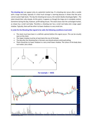 The shooting star can appear only at a potential market top. If a shooting star occurs after a candle
with a large real body, typically it is that much stronger a warning because it shows that the price
cannot sustain high levels. The day the shooting star occurs, the market ideally should gap higher . The
stock should then rally sharply. At this point, it appears as though the longs are in complete control.
Sometime during the day, however, profit taking ensues. The stock closes near the unchanged market,
as shown by a small real body. Therefore a shooting star has a small real body and a large upper
shadow. Typically, there will be either no lower shadow or a very small one.
In order for the Shooting Star signal to be valid, the following conditions must exist:
• The stock must have been in a definite uptrend before this signal occurs. This can be visually
seen on the chart.
• The Upper shadow must be at least twice the size of the body.
• The day after the Shooting Star is formed, one should witness continued selling.
• There should be no lower shadow or a very small lower shadow. The colour of the body does
not matter, but a black
For example = WICE
 