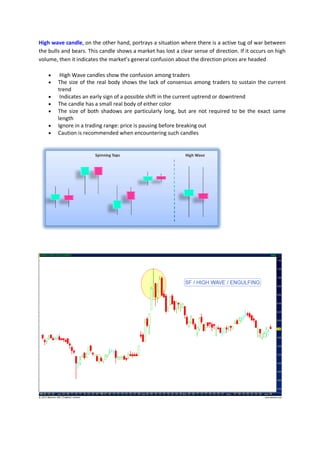 High wave candle, on the other hand, portrays a situation where there is a active tug of war between
the bulls and bears. This candle shows a market has lost a clear sense of direction. If it occurs on high
volume, then it indicates the market’s general confusion about the direction prices are headed
• High Wave candles show the confusion among traders
• The size of the real body shows the lack of consensus among traders to sustain the current
trend
• Indicates an early sign of a possible shift in the current uptrend or downtrend
• The candle has a small real body of either color
• The size of both shadows are particularly long, but are not required to be the exact same
length
• Ignore in a trading range: price is pausing before breaking out
• Caution is recommended when encountering such candles
 