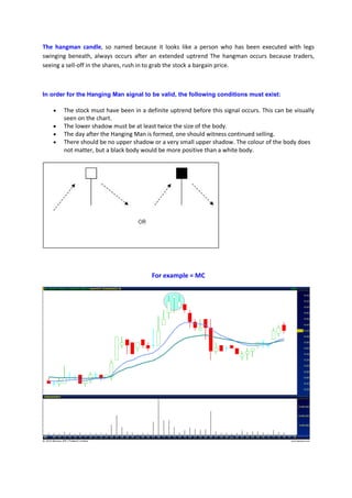 The hangman candle, so named because it looks like a person who has been executed with legs
swinging beneath, always occurs after an extended uptrend The hangman occurs because traders,
seeing a sell-off in the shares, rush in to grab the stock a bargain price.
In order for the Hanging Man signal to be valid, the following conditions must exist:
• The stock must have been in a definite uptrend before this signal occurs. This can be visually
seen on the chart.
• The lower shadow must be at least twice the size of the body.
• The day after the Hanging Man is formed, one should witness continued selling.
• There should be no upper shadow or a very small upper shadow. The colour of the body does
not matter, but a black body would be more positive than a white body.
For example = MC
 