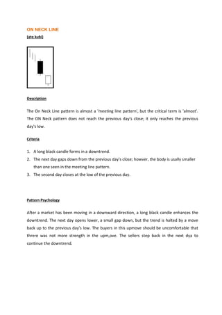 ON NECK LINE
(ate kubi)
Description
The On Neck Line pattern is almost a 'meeting line pattern', but the critical term is 'almost'.
The ON Neck pattern does not reach the previous day's close; it only reaches the previous
day's low.
Criteria
1. A long black candle forms in a downtrend.
2. The next day gaps down from the previous day's close; howver, the body is usally smaller
than one seen in the meeting line pattern.
3. The second day closes at the low of the previous day.
Pattern Psychology
After a market has been moving in a downward direction, a long black candle enhances the
downtrend. The next day opens lower, a small gap down, but the trend is halted by a move
back up to the previous day's low. The buyers in this upmove should be uncomfortable that
threre was not more strength in the upm,ove. The sellers step back in the next dya to
continue the downtrend.
 