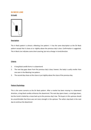 IN NECK LINE
(iri kubi)
Description
The In Neck pattern is almost a Meeting Line pattern. I t has the same description as the On Neck
pattern except that it closes at or slightly above the previous day's close. Confirmation is suggested.
The In Neck Line indicates some short covering, but not a change in trend direction.
Criteria
1. A long black candle forms in a downtrend
2. The next day gaps down from the previous day's close; howver, the body is usally smaller than
one seen in the Meeting Line pattern.
3. The second day closes at the close or just slightly above the close of the previous day.
Pattern Psychology
This is the same scenario as the On Neck pattern. After a market has been moving in a downward
direction, a long black candles enhances the downtrend. The next day opens lower, a small gap down,
but the trend is halted by a move back up to the previous day's low. The buyers in this upmove should
be uncomfortable that there was not more strength in the upmove. The sellers step back in the next
day to continue the downtrend
 