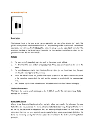 HOMING PIGEON
Description
The Homing Pigeon is the same as the Harami, except for the color of the second day's body. The
pattern is composed of a two-candle formation in a down trending market. Both candles are the same
color as the current trend. The first body of the pattern is a long body, the second body is smaller. The
open and the close of the second day occurs inside the open and the close of the previous day. Its
presence indicates that the trend is over.
Criteria
1. The body of the first candle is black; the body of the second candle is black.
2. The downtrend has been evident for a good period. A long black candle occurs at the end of the
trend.
3. The second day opens higher than the close of the previous day and closes lower than the open
but above the closing price of the prior day.
4. Unlike the Western Inside Day, just the body needs to remain in the previous day's body; where
as the Inside Day requires both the body and the shadows to remain inside the previous day's
body.
5. For a reversal signal, further confirmation is required to indicate that the trend is moving up.
Signal Enhancements
The higher the second candle closes up on the first black candle, the more convincing that a
reversal has occurred.
Pattern Psychology
After a strong downtrend has been in effect and after a long black candle, the bulls open the price
higher than the previous close. The shorts get concerned and start covering. The price finishes lower
for the day but not as low as the previous day. This is enough support to have the short sellers take
notice that the trend has been violated. A strong day after that would convince everybody that the
trend was reversing. Usually the volume is above the recent norm due to the unwinding of short
positions.
 