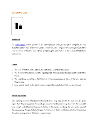 MATCHING LOW
Description
The Matching Low pattern is similar to the Homing Pigeon patter, the exception being that the two
days of the pattern close on their lows, at the same level. After a long downtrend, recognizing that the
price has closed at the same level without going through is an indication to the bears that the bottom
has been hit.
Criteria
1. The body of the first candle is black; the blody of the second candle is black.
2. The downtrend has been evident for a good period. A long black candles occurs at the end of the
trend.
3. The second day opens higher than the close of hte previous day and closes at the same close as
the prior day.
4. For a reversal signal, further confirmation is required to indicate that the trend is moving up.
Pattern Psychology
After a strong downtrend has been in effect and after a long black candle, the bulls open the price
higher than the previous close. The shorts get concerned and start covering. However, the bears sitll
have enough control to close the price at the low of the day, the low being the same as the close of
the previous day. The psychological impact for hte bears is that it couldn't close below the previous
close, thus causing concern that this is a support level.
 