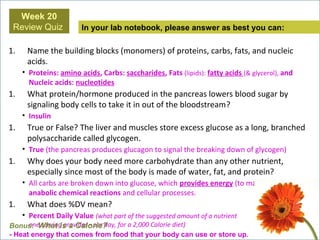 1. Name the building blocks (monomers) of proteins, carbs, fats, and nucleic
acids.
• Proteins: amino acids, Carbs: saccharides, Fats (lipids): fatty acids (& glycerol), and
Nucleic acids: nucleotides
1. What protein/hormone produced in the pancreas lowers blood sugar by
signaling body cells to take it in out of the bloodstream?
• Insulin
1. True or False? The liver and muscles store excess glucose as a long, branched
polysaccharide called glycogen.
• True (the pancreas produces glucagon to signal the breaking down of glycogen)
1. Why does your body need more carbohydrate than any other nutrient,
especially since most of the body is made of water, fat, and protein?
• All carbs are broken down into glucose, which provides energy (to make ATP) for all
anabolic chemical reactions and cellular processes.
1. What does %DV mean?
• Percent Daily Value (what part of the suggested amount of a nutrient
one serving provides - per day, for a 2,000 Calorie diet)
In your lab notebook, please answer as best you can:
Bonus: What is a Calorie?
- Heat energy that comes from food that your body can use or store up.
Week 20
Review Quiz
 