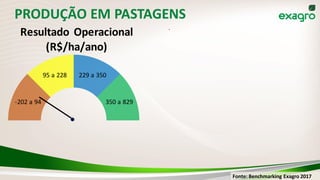 PRODUÇÃO EM PASTAGENS
-202 a 94
95 a 228 229 a 350
350 a 829
Resultado Operacional
(R$/ha/ano)
Retorno/ Capital em gado e máq
Fonte: Benchmarking Exagro 2017
 